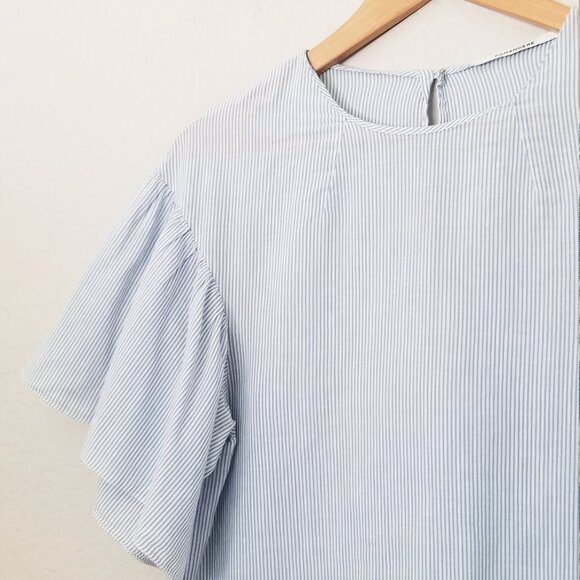 Pomandere Flutter Sleeve Top Blue Stripe 2 Cotton Hemp Blend Airy Lightweight - Picture 10 of 16